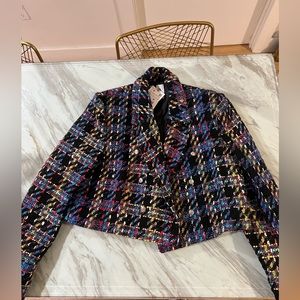 Zara XL tweed multi color gold hardware crop blazer with tags